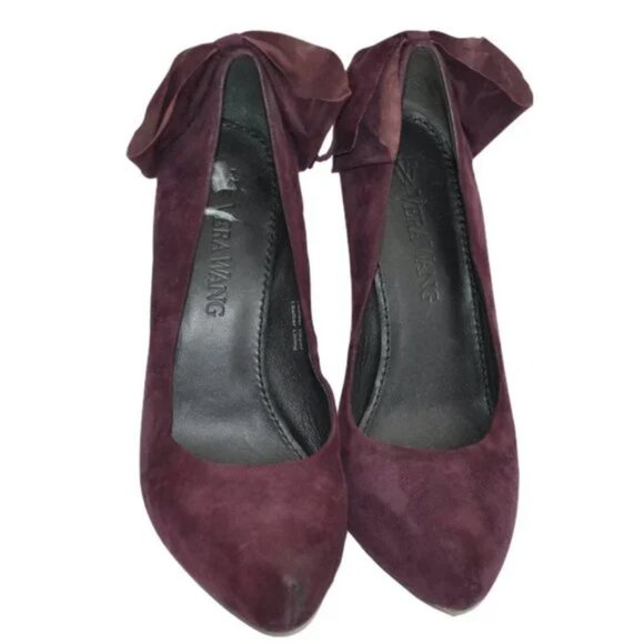 Vera Wang Plum Purple Burgundy Red Leather Suede Pin-Up Bow Stiletto Heels 6.5 - Picture 5 of 11